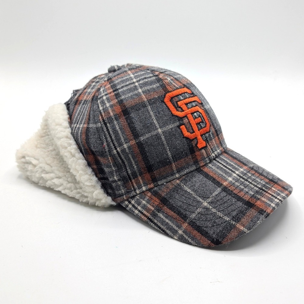 SF Giants Plaid Trapper Hat Ear Flaps Snapback Grey Orange Baseball Cap